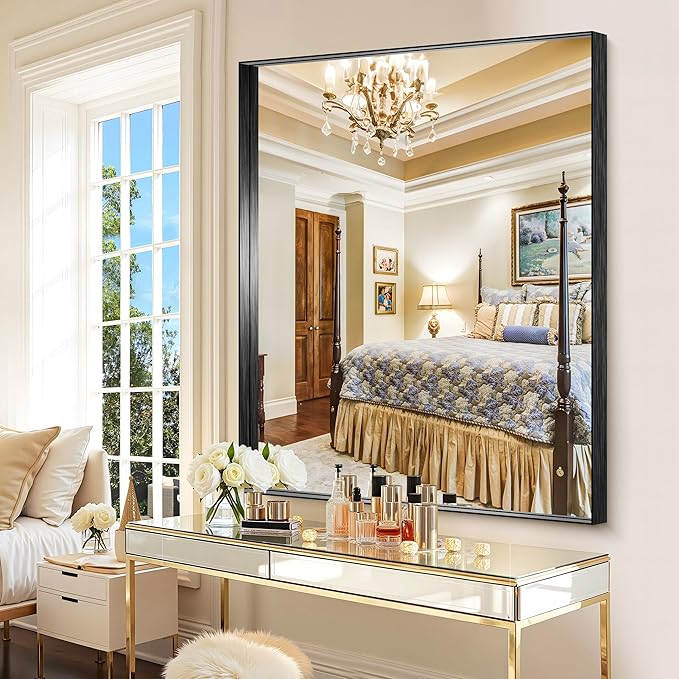 CIRCUMI Black Bathroom Mirror, Brushed Finish, Tempered Glass, Large Mirror
