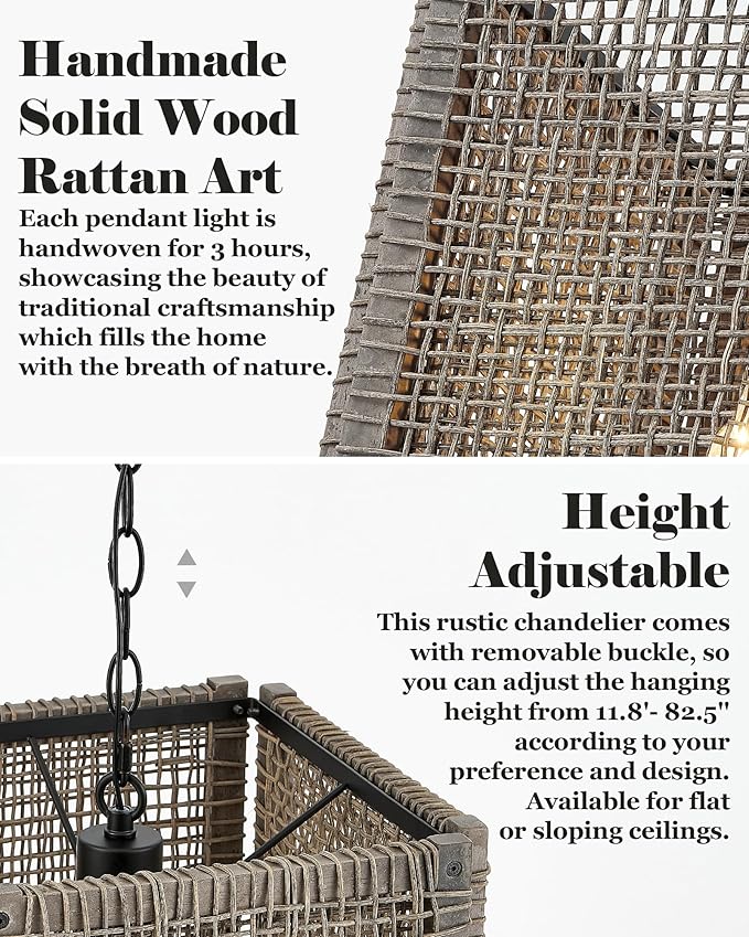 ELYONA Farmhouse Rattan Chandelier 12" Handwoven Pendant Light Fixtures with Gray Square Solid Wood Frame, Adjustable Hanging Lamp for Kitchen Island, Dining Room, Living Room, Bedroom, Bar, Hallway