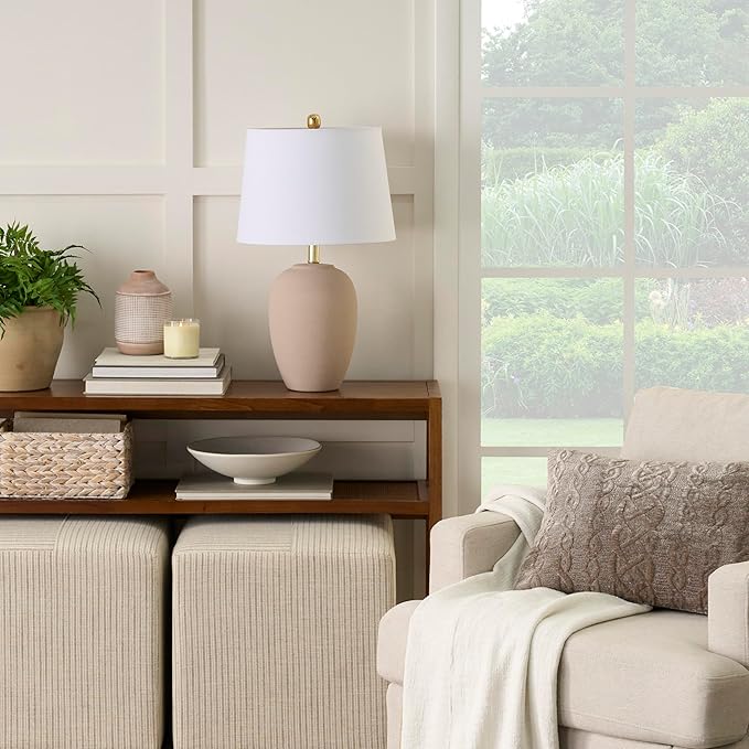 Nourison Home 23" Light Pink Ceramic Jar Table Lamp for Bedroom, Living Room, Dining Office, with White Shade (Pack of 1)