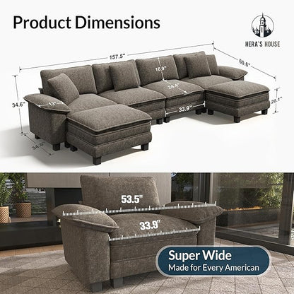 HERA'S HOUSE 158" Modular Sectional Sofa, Oversized U Shaped Couches for Living Room, Comfy Cloud Couch with Ottoman, 6-Seater Deep Seat Sofa with Throw Pillow, Chenille Ash