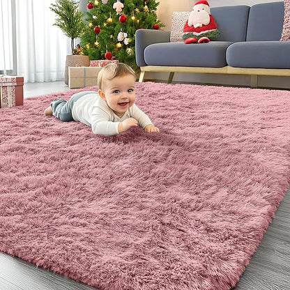 OLANLY Area Rugs for Living Room Bedroom, Machine Washable 4x5.9 ft Soft Fluffy Shaggy Bedside Rug, Indoor Floor Carpet for Kids Girls and Boys, Dorms, Nursery Rooms, Home Decor Aesthetic, Pale Pink