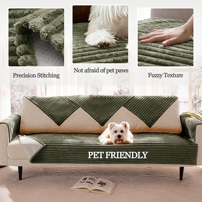 Dual Non-Slip Couch Cover for Dogs Waterproof, Fuzzy Soft Pet Couch Covers for Sofa 3 Cushion, Pet Friendly Soft Dog Bed Covers Sofa Cover Washable (Sage Green, 33" x 85" 1 Pack)
