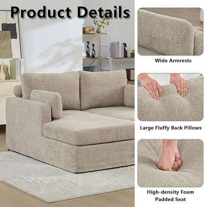 Arouseden 63"Oversized Chaise Lounge Taupe,Comfy Sectional Couches For Living room with Armrests and Throw Pillows,Wide Chaise Lounge Chair Indoor,Chenille Lounge Chair with Headrest for Neck Support