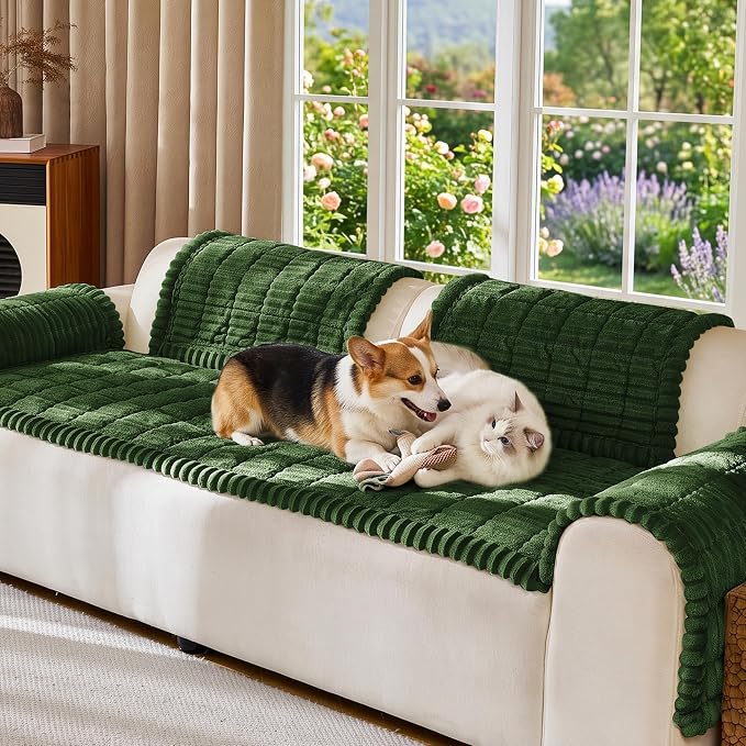 FUANGUI Waterproof Couch Cover Sofa Cover for Dogs and Pets Sofa Protector | Non-Slip Washable Fuzzy Soft Cat Bed Sofa Slipcover for 2-3 Cushion Couch Sofa Pet Friendly, Dark Green, 27.6" x 82.7", 1 pcs