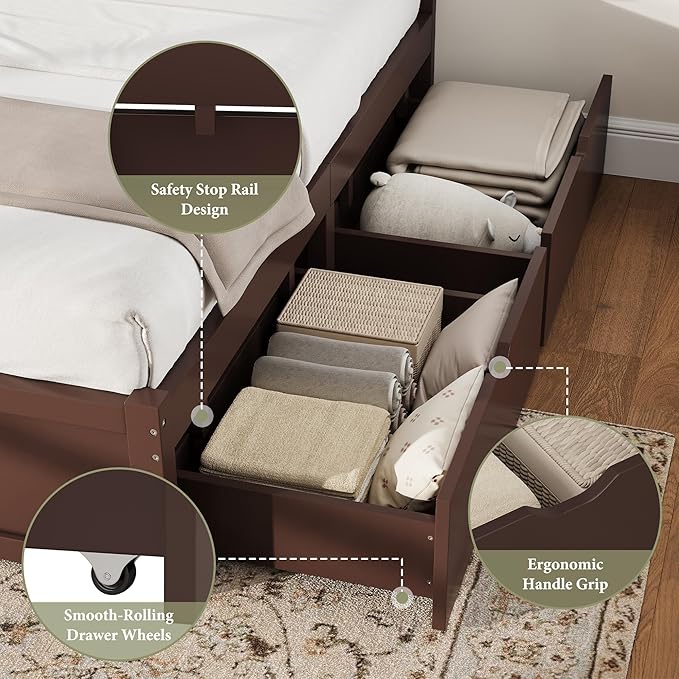 AMERLIFE Queen Size Solid Wood Bed Frame with 50" Tall Headboard, Mid-Century Modern Bed with Storage, Wooden Platform Bed Frame with 2 Drawers, No Box Spring Needed, Espresso