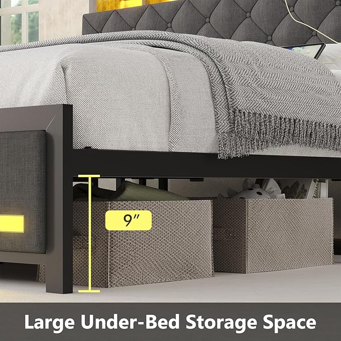 Queen Bed Frame with Upholstered Headboard, Bed Frame Queen Size with Hidden Storage,3-Tier Storage Shelves, LED Lights and Charging Station, Queen Bed with Noise-Free,Gray