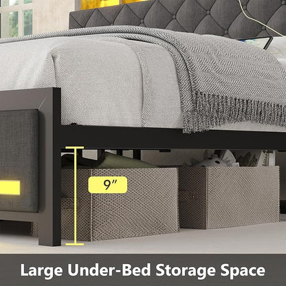 Queen Bed Frame with Upholstered Headboard, Bed Frame Queen Size with Hidden Storage,3-Tier Storage Shelves, LED Lights and Charging Station, Queen Bed with Noise-Free,Gray