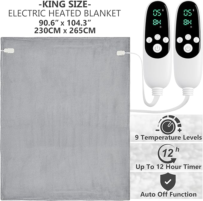 Heated Blanket Electric Luxurious Fleece King Blanket, 9 Heat Settings & 12H