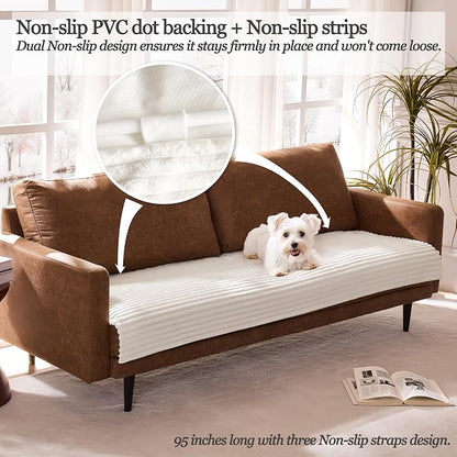 Dual Non-Slip Couch Cover for Dogs Waterproof, Fuzzy Soft Pet Couch Covers for Sofa 3 Cushion, Pet Friendly Soft Dog Bed Covers Sofa Cover Washable (White, 33" x 95" 1 Pack)