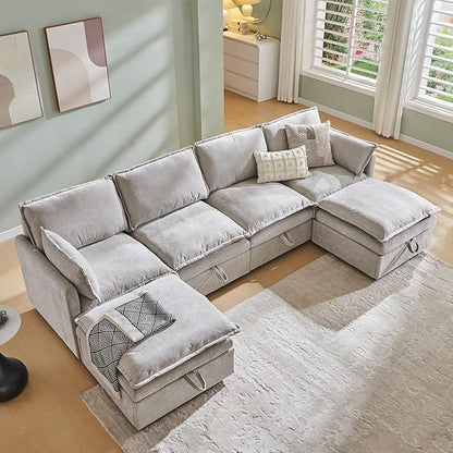 112.6" Sectional Couches for Living Room, Cloud Couch Sectional with Large Storage, U-Shape Modular Sectional Sofa with Ottoman, 6 Seater Chenille Sofa with Pillow for Apartment, Bedroom, Light Gery