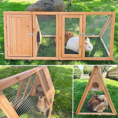 Rabbit Hutch Outdoor Chicken Coop Run A-Frame Bunny Cage Wooden Quail Cage w/ 2 Door & Ventilated Wire Fence Small Animal Cage for Garden Backyard Farms 47 x 18 x 19.5 in