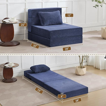 Folding Sofa Bed Convertible Floor Couch Foldable Chair Bed with Pillow，Linen Sleeper Chair Futon,Foldable Memory Foam Mattress for Bedroom/Living Room/Dorm/Office (Corduroy Navy, Single)