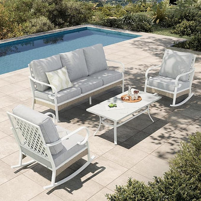 HERA'S HOUSE 4-Piece Patio Furniture Set with Metal & Rattan Design, Includes 2 Rocking Chairs, 3-Seat Sofa & Marble Coffee Table, All-Weather Outdoor Conversation Set for Garden Backyard, Grey