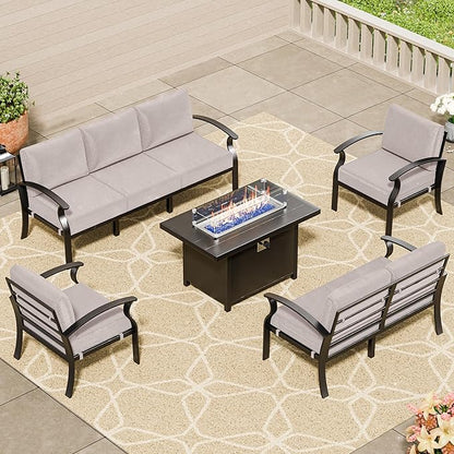 RTDTD Aluminum Outdoor Patio Furniture Set,5 Pieces 7 Seats Patio Conversation Sets with 45" Propane Fire Pit Table,Metal Patio Sectional Furniture Set w/5.1" Cushions for Porch,Deck,Backyard,Sand
