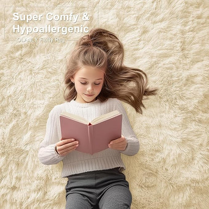 OLANLY 5x7 Machine Washable Large Area Rugs for Living Room, Bedroom, Soft Fluffy Shaggy Bedside Rug, Indoor Floor Carpet for Kids Girls and Boys, Dorms, Nursery, Home Decor Aesthetic, Cream