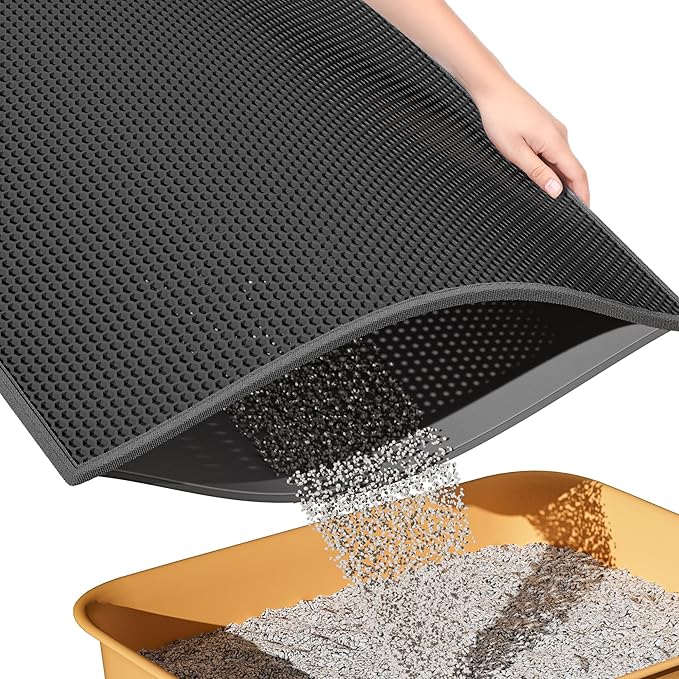 ESTHELLO Cat Litter Mat Large, Cat Litter Trapping Mat, Honeycomb Double Layer Design, Easy to Clean,Washable (30’’ x 24’’ Black