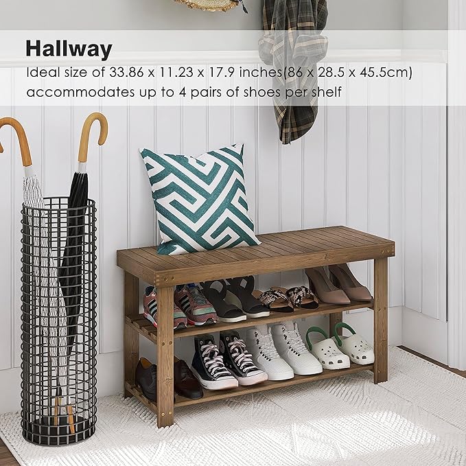 SMIBUY Bamboo Shoe Rack Bench, 3-Tier Shoe Organizer Storage Shelf for Entryway Hallway Bathroom Living Room (Walnut)