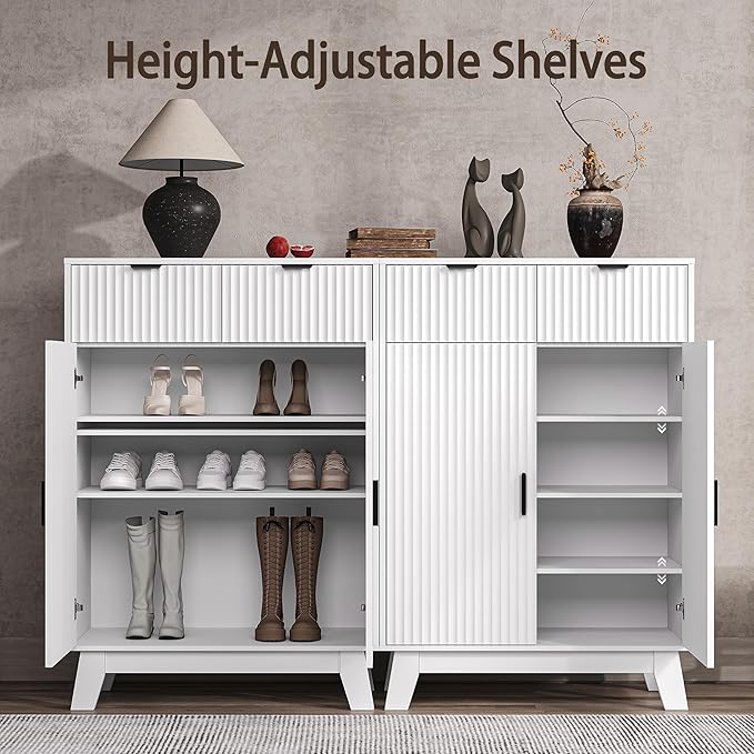 Fluted Shoe Cabinet, 4-Tier Mid Century Modern Narrow Shoe Storage Cabinet
