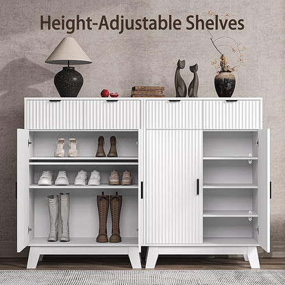 Fluted Shoe Cabinet, 4-Tier Mid Century Modern Narrow Shoe Storage Cabinet