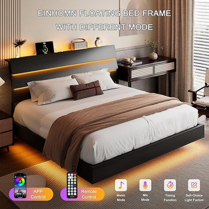 Floating Bed Frame King Size with Led Headboard and Charging Station, Metal Platform Bed Base with Storage, Remote Control, Heavy Slats Support, No Box Spring Needed, Noise Free, Black