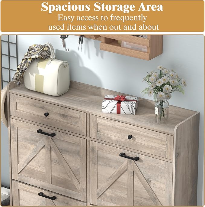 Shoe Cabinet with 4 Flip Drawers & 2 Storage Drawers, Rustic Farmhouse Narrow