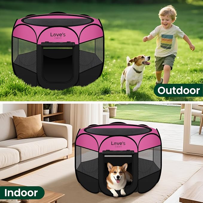 Love's cabin Pet Puppy Dog Playpen, Large Dog Tent Crates Cage Indoor/Outdoor, Portable Playpen for Cat, Foldable Pop Up Dog Kennel Playpen with Carring Case, Removable Zipper Top, Pink