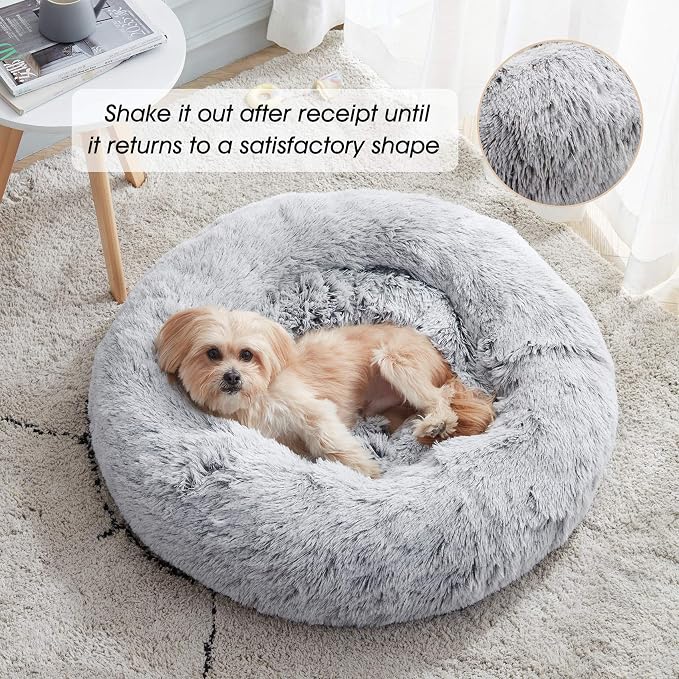 Western Home Calming Donut Small Medium Pet Dog Bed Washable,27" Light Grey | Fluffy Faux Fur Round Cuddler,Anti-Anxiety,Anti-Slip Bottom,Plush Pet Dog Beds for Small Medium Sized Dogs,Up to 35 LBS