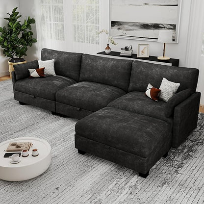 Modular Sectional L Shaped Sofa Couches for Living Room, Cloud Couch with Storage Ottoman, Comfy Chenille Sofa with Pillow, Black