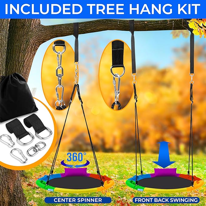SereneLife 40" Saucer Swing - Outdoor Swing Set with Universal Hanging Kit, Swinging Seat Spinner with Pillow & Carry Bag, Weatherproof, Water-Resistant, Supports Up to 700 lbs, Rainbow