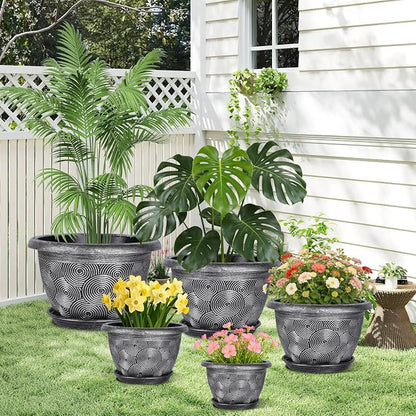 12-Inch -Plastic-Pots -For-Plant With Saucer, 4 Pack Outdoor Planters With Drainage Holes, Decorative Flower Pots For Indoor Plants, Modern 3D Swirl Silver Large Plant Pots With With Removable Tray
