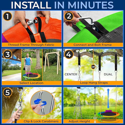 SereneLife 40" Saucer Swing - Outdoor Swing Set with Heavy-Duty Chains & Hanging Kit, Swinging Seat Spinner with Pillow & Carry Bag, Weatherproof, Water-Resistant, Supports Up to 700 lbs, Rainbow