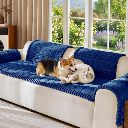 FUANGUI Waterproof Couch Cover Sofa Cover for Dogs and Pets Sofa Protector | Non-Slip Washable Fuzzy Soft Cat Bed Sofa Slipcover for 2-3 Cushion Couch Sofa Pet Friendly, Navy Blue, 27.6" x 94.5", 1 pcs