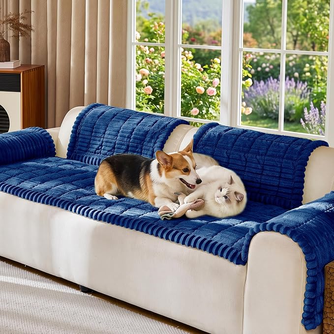 FUANGUI Waterproof Armrest Couch Cover for Dogs,27.6" x 27.13", Navy Blue | Non-Slip Backrest Cover Recliner Chair Protector, Fuzz Soft Armchair Armrest Cover Washable Couch Covers Sofa Pet Friendly