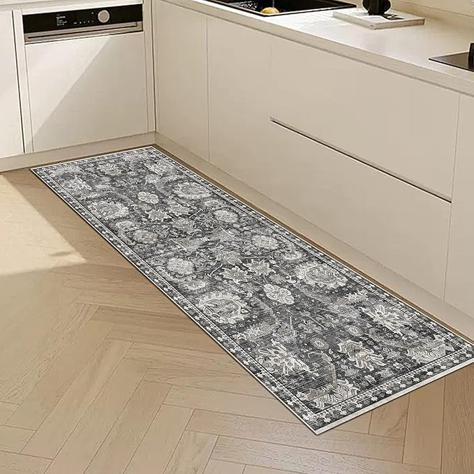 RUGSURE Washable Area Rugs - Perfect for Living Room, Bedroom, Kids Room, Nursery - Stain & Water Resistant Non-Slip, Pet & Child Friendly, Vintage Tribal Area Rugs (Grey, 2'6'' x 8')