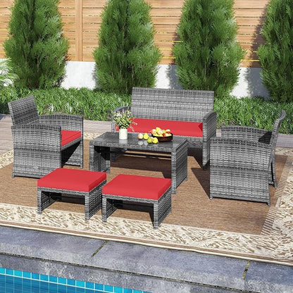 Tangkula 6 Pieces Patio Furniture Set, Outdoor Rattan Conversation Chairs Set with 1 Loveseat, 1 Coffee Table, 2 Armchairs and 2 Ottomans for Garden, Deck, Backyard and Poolside (Red)