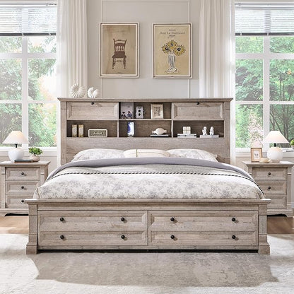 Farmhouse Queen Size Bed Frame with 54" Tall Storage Bookcase Headboard, 18" Roman Column Decoration Footboard,2 Drawer & 4 Storage Rack,Wood Platform Bed Frame, No Box Spring Needed(Light Rustic Oak)