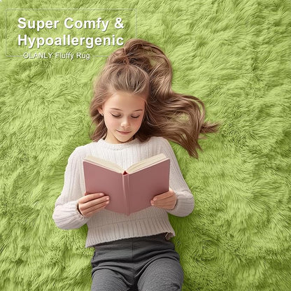 OLANLY 5x7 Machine Washable Large Area Rugs for Living Room, Bedroom, Soft Fluffy Shaggy Bedside Rug, Indoor Floor Carpet for Kids Girls and Boys, Dorms, Nursery, Home Decor Aesthetic, Grass Green