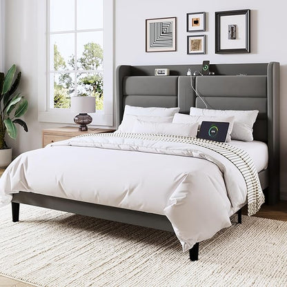 Allewie Queen Size Platform Bed Frame with Charging Station & Storage Headboard, Upholstered Velvet Wingback Design & USB Port, Strong Wooden Slats Support, No Box Spring Needed, Easy Assembly, Grey