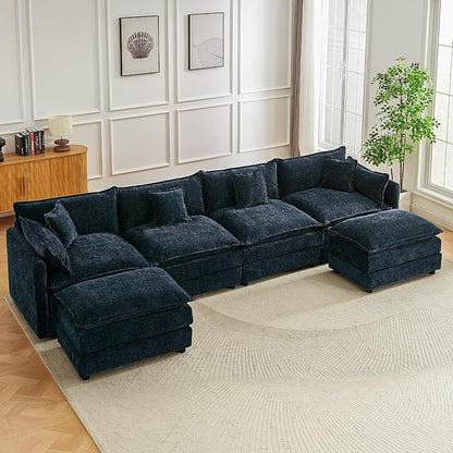 saows Modular Sectional Sofa, 147.2 Inch U Shaped Couch Set with Armrests, 4-Seater Comfy Cloud Couches with Movable Ottoman for Living Room Apartment, Blue