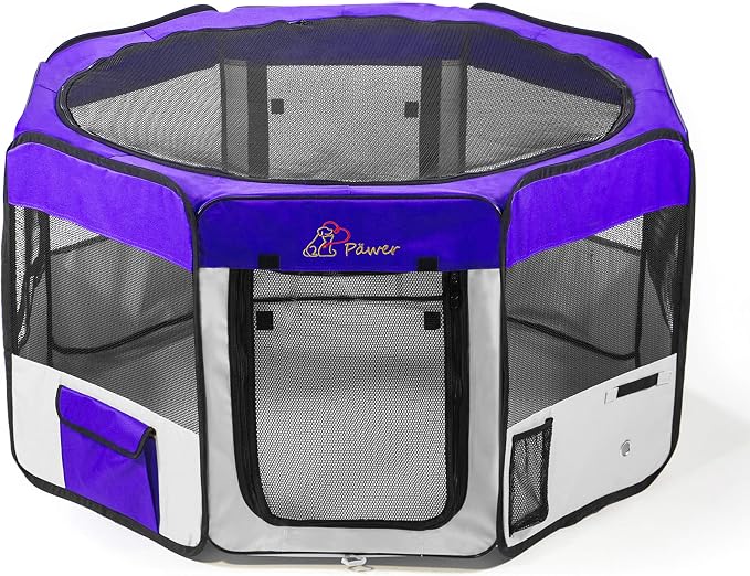 Pawer 36”×18.5” 8-Panel Foldable Pet Playpen, Violet+Grey, Personalize Embroidery Extra Fabric Piece Available, for Cat/Dog/Puppy, 600D Oxford Cloth Portable Indoor & Outdoor Kennel with Carry Bag