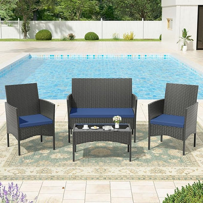 Kullavik 4 Pieces Outdoor Patio Furniture Set,PE Wicker Rattan Chairs Garden Conversation Sets with Tempered Glass Table and Soft Cushions for Lawn,Pool or Backyard,Navy Blue