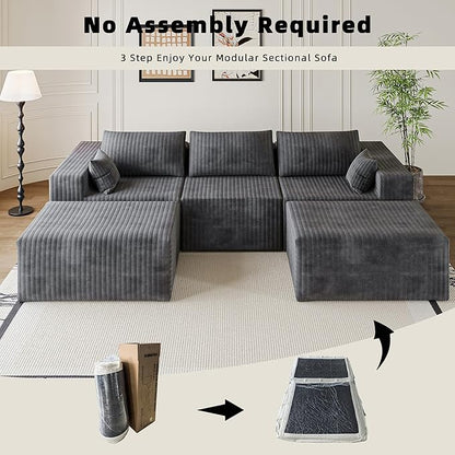 CABZOON 110" Cloud Couch Sectional for Living Room U-Shape Boneless Couches Modular Sectional Sofa with Deep Seat with Chaise,No Assembly Required, Carbon Gray(Plush Corduroy Fabric)