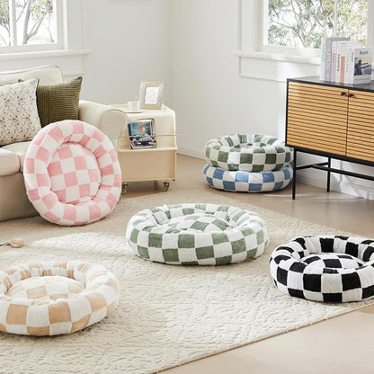 Ohocut Checkered Cat Dog Bed, Cute Beige Khaki Retro Style Aesthetic Round Warming Pet Calming Beds for Small Dog and Cats, Plush Cozy Donut Beds Washable, 23" L x 23" W x 8" Th