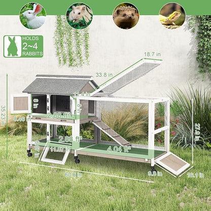 Gowoodhut 2-Story 60.6"L Rabbit Hutch Indoor and Outdoor with 6 Wheels,Wooden Rabbit Cage with 3 Pull Out Leak-Proof Trays for 2-4 Rabbits,Bunny Hutch with Asphalt Roof Bunny Cage with 6 Accesses,Grey