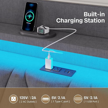 King Bed Frame, King Size Bed Frame with Storage Headboard and LED Lights, Charging Station, Metal Support, Noise-Free, Easy Assembly,Gray