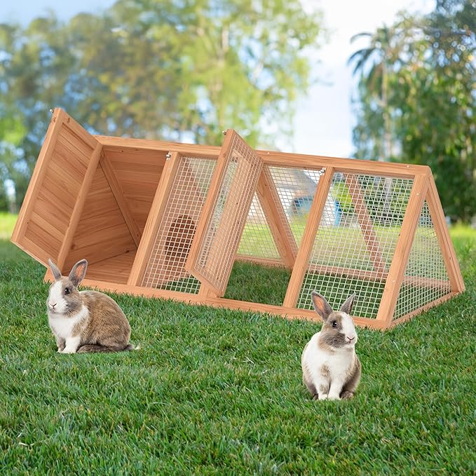 Rabbit Hutch, Small Chicken Coop Outdoor A-Frame Quail Cage with 2 Door & Run Cage Wooden Triangle Quail Hutch with Ventilating Wire Poultry Hutch for Small Animal (Wood)