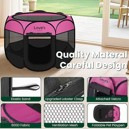 Love's cabin Pet Puppy Dog Playpen, Large Dog Tent Crates Cage Indoor/Outdoor, Portable Playpen for Cat, Foldable Pop Up Dog Kennel Playpen with Carring Case, Removable Zipper Top, Pink
