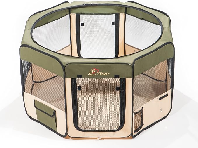 Pawer 36”×18.5” 8-Panel Foldable Pet Playpen, for Small Medium Cat/Dog/Puppy, Olive+Beige, 600D Oxford Cloth Portable Indoor & Outdoor Kennel with Carry Bag, Multiple Sizes & Colors Available