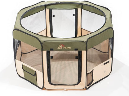 Pawer 36”×18.5” 8-Panel Foldable Pet Playpen, for Small Medium Cat/Dog/Puppy, Olive+Beige, 600D Oxford Cloth Portable Indoor & Outdoor Kennel with Carry Bag, Multiple Sizes & Colors Available