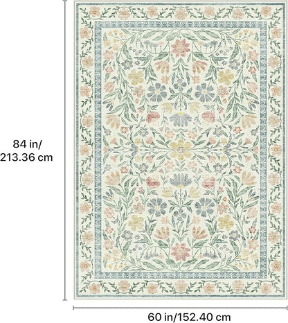 GENIMO 5x7 Washable Area Rug, Non-Slip Vintage Boho Floral Carpet, Soft Low-Pile Thin Bedroom Rug for Living Room, Dining Room, Nursery, Green